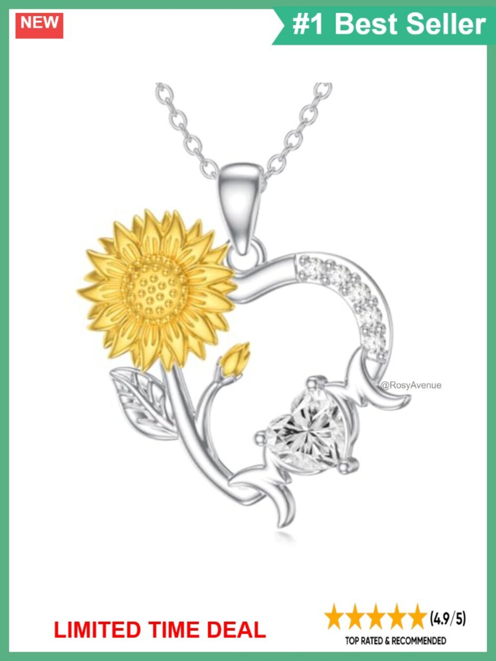 925 Sterling Silver Sunflower Mom Heart Pendant Necklace I Love You Gift